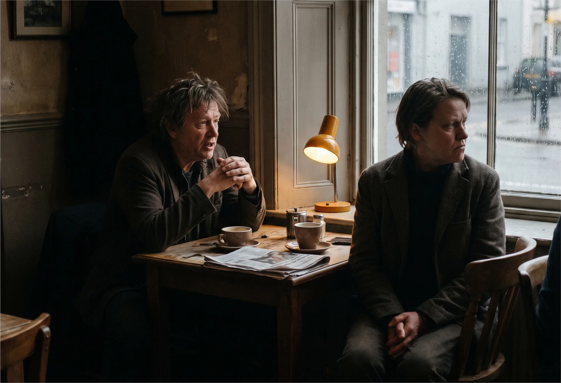 Twee mensen aan een cafetafel bij een raam, de een praat en de ander kijkt weg, beide gezichten half in de schaduw