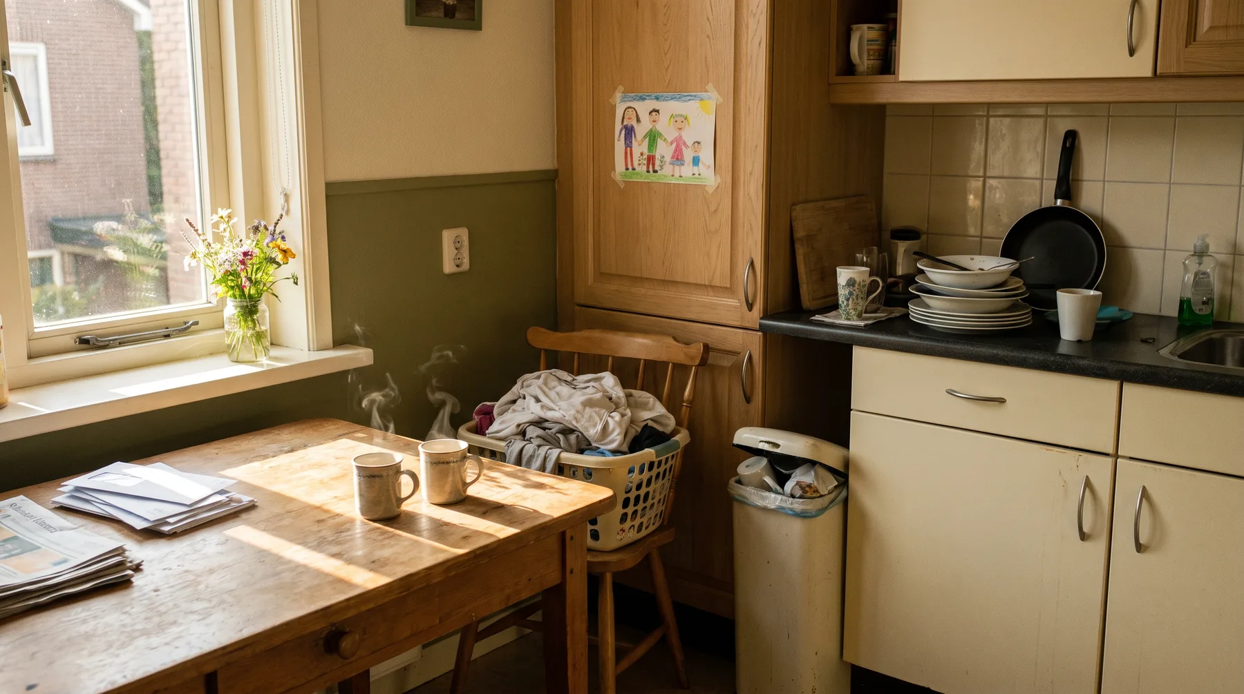 Een keuken op zaterdagochtend, met tegelijk een stapel ongeopende post, een mand met was en een stapel afwas, en bloemen op de vensterbank, een kindertekening op de kast en twee koppen koffie in de zon