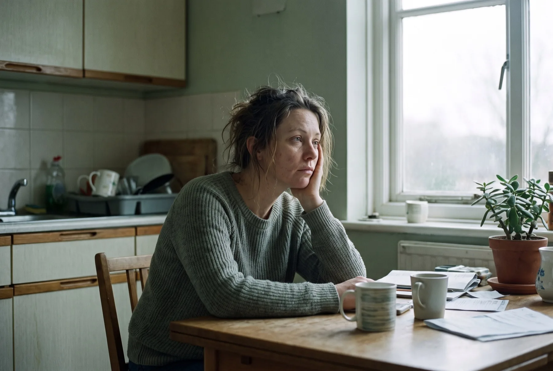 Een vrouw aan de keukentafel midden op de dag, hoofd in haar hand
