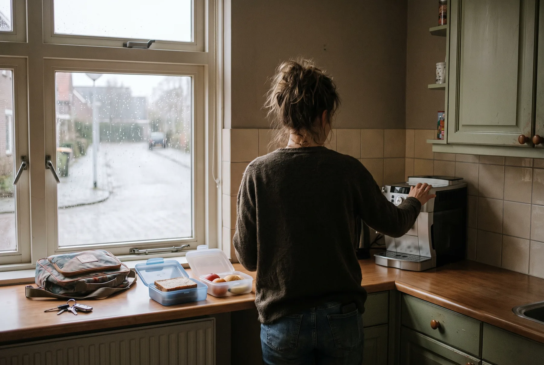 Een vrouw staat met haar rug naar de camera koffie te zetten in een opgeruimde keuken, naast haar twee halfgevulde broodtrommels