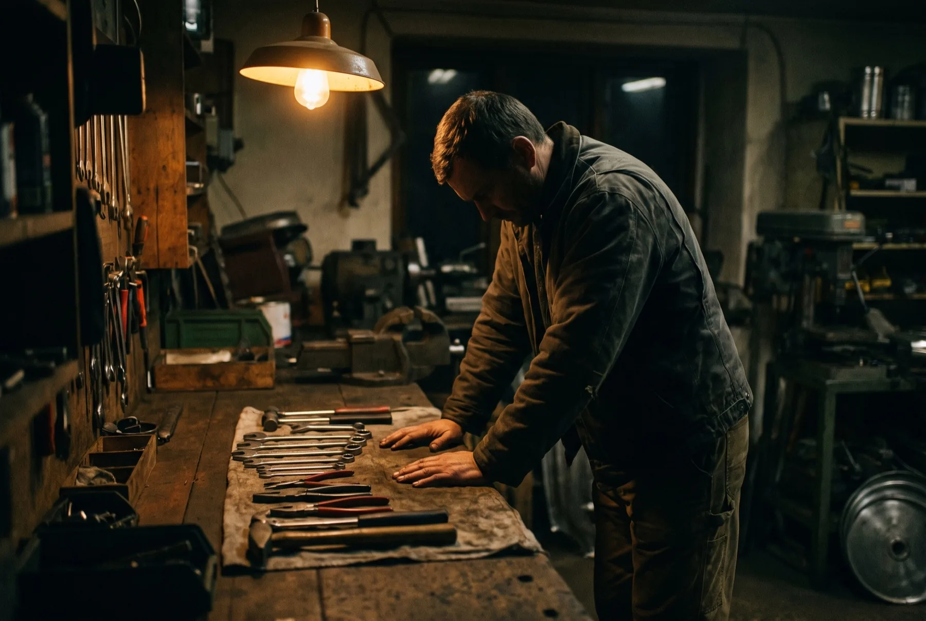 Een man alleen in een werkplaats 's avonds, beide handen plat op de werkbank