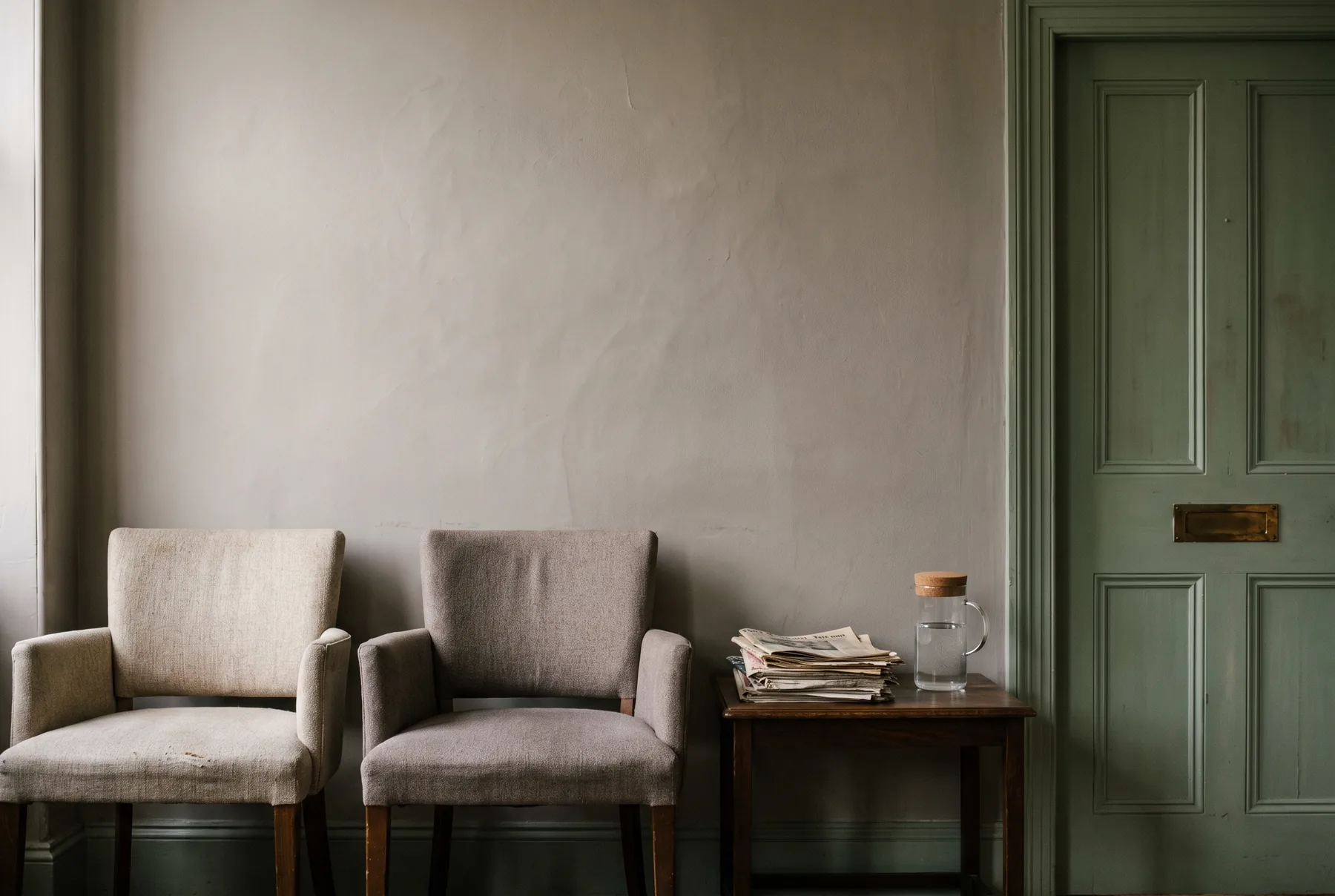 Een stille wachtruimte met drie lege stoelen, een lage tafel met tijdschriften en een gesloten deur met een naamplaatje