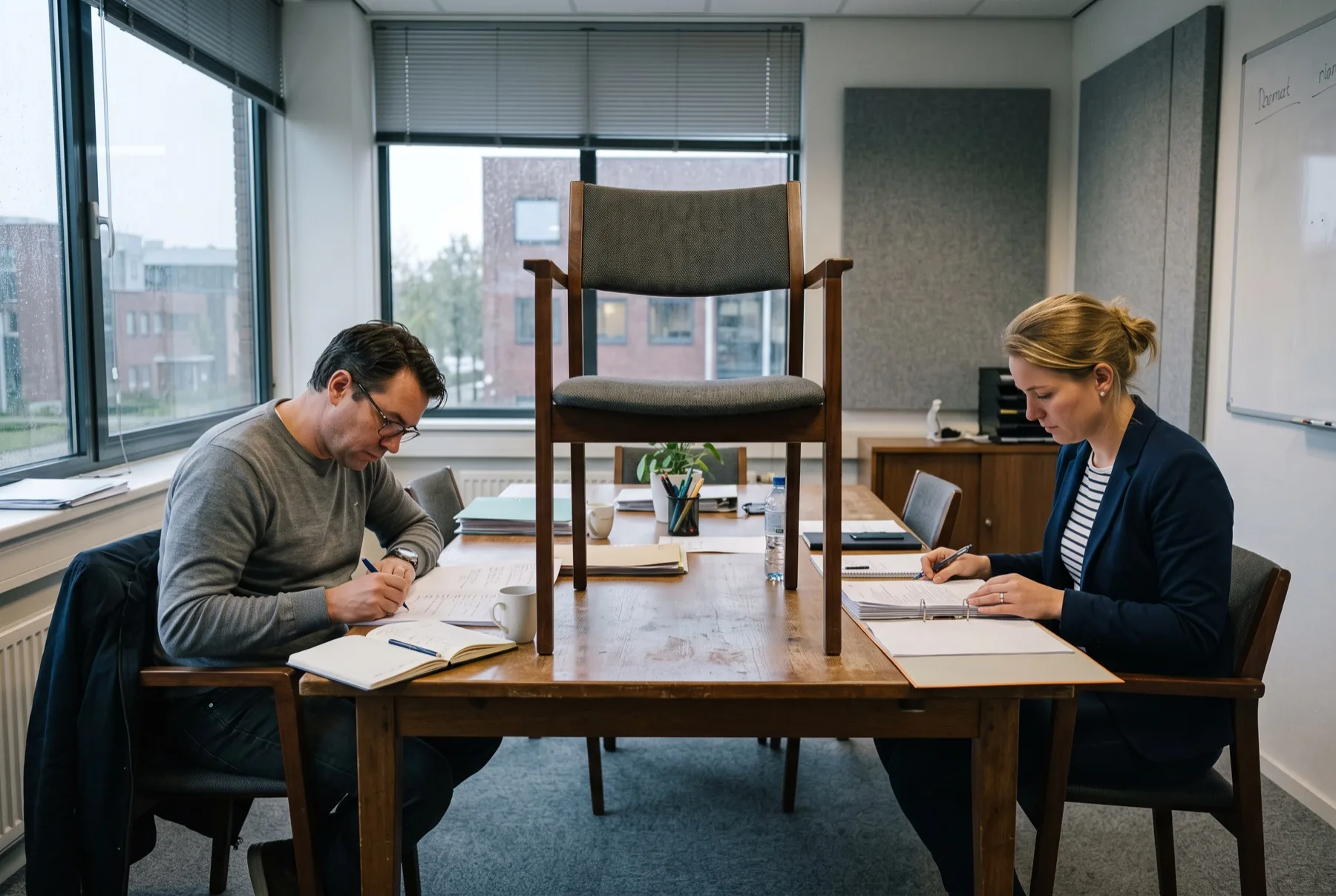 Twee collega's aan weerszijden van een vergadertafel met een lege stoel aan het hoofd