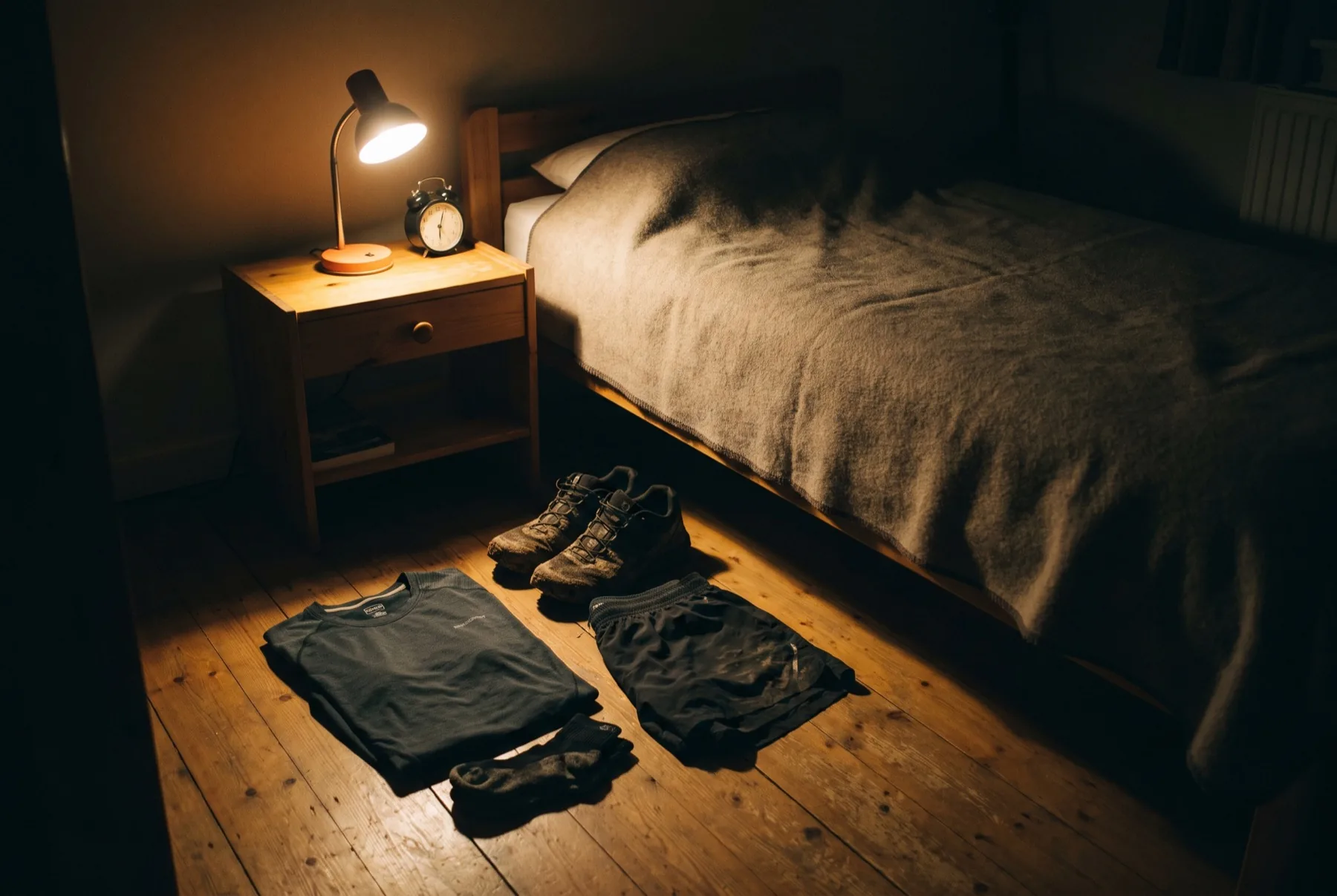 Sportschoenen en sportkleding klaargelegd naast een opgemaakt bed