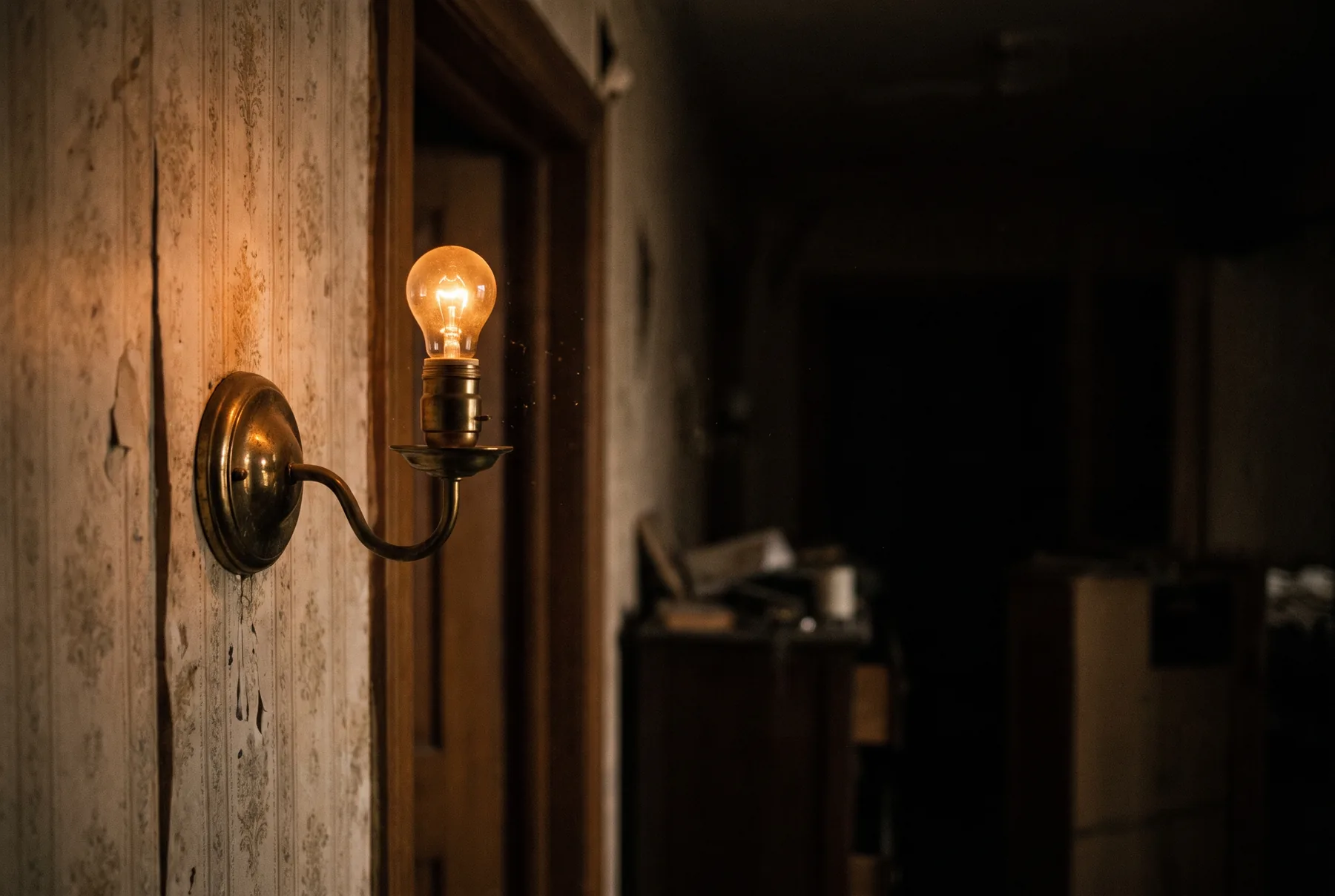Een oude lamp met zichtbare gloeidraad die halverwege is gedimd, de rest van de kamer verdwijnt in het donker