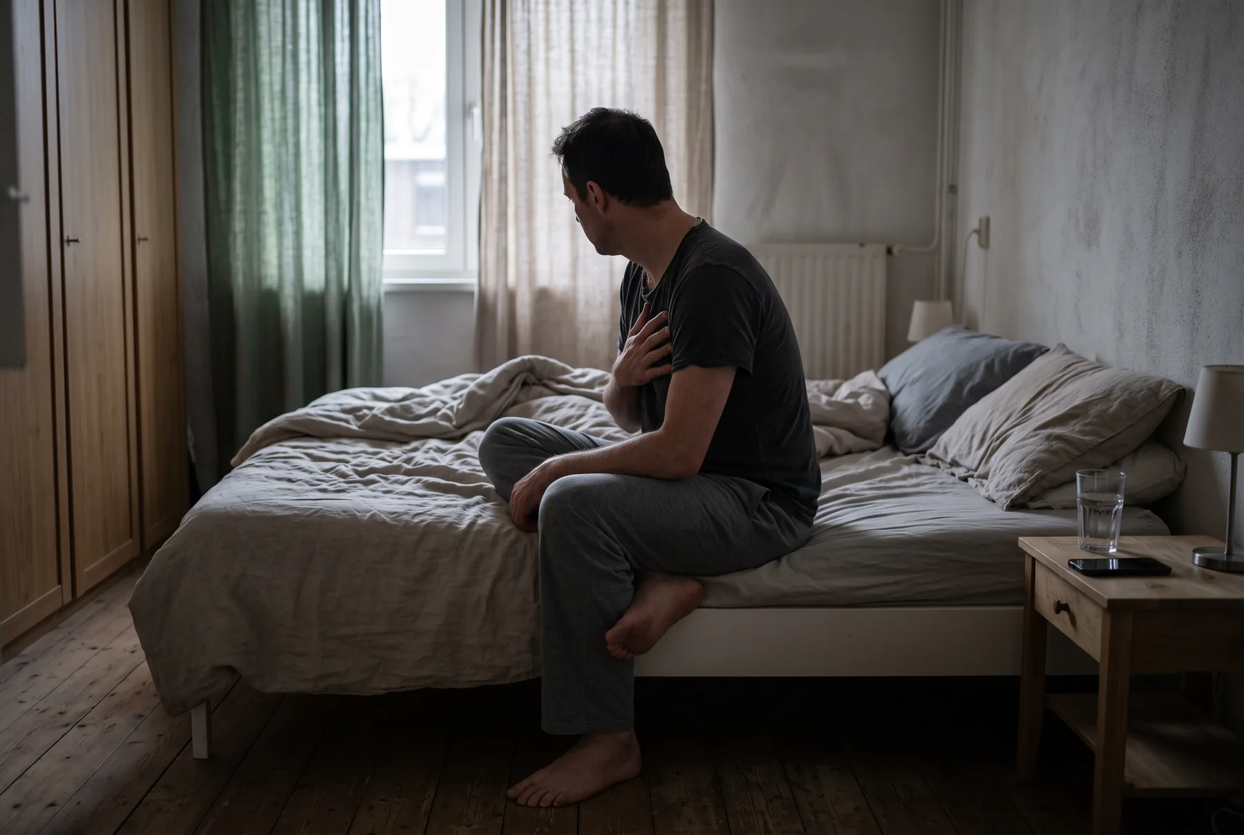 Een man zit in de vroege ochtend op de rand van zijn bed met een hand plat op zijn borst, grijs licht door een half open gordijn