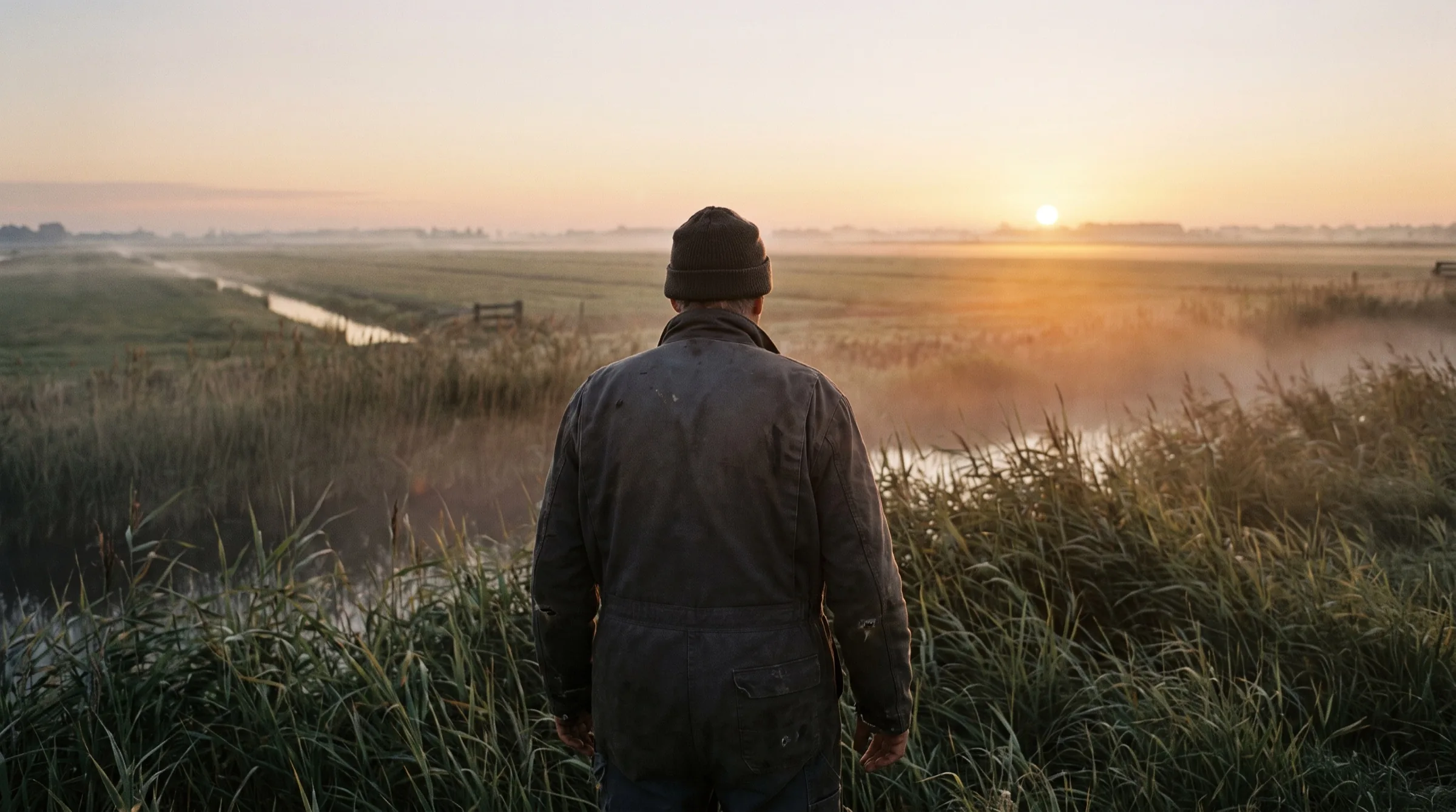Iemand alleen in een Nederlandse polder bij zonsopkomst, van achteren gezien