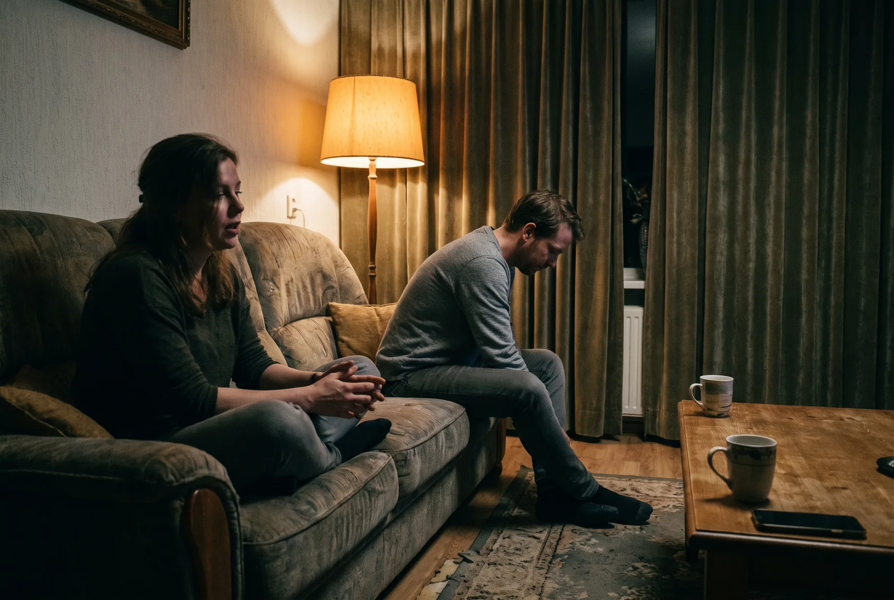 Twee mensen aan weerszijden van een bank in de avond, zij praat, hij kijkt naar de vloer