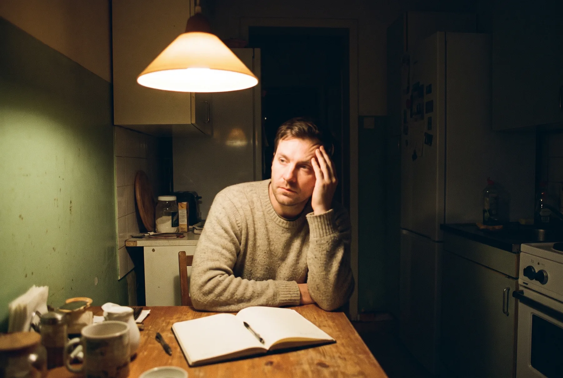 Een man zit 's avonds laat aan de keukentafel met een open en onbeschreven schrift voor zich, de pen neergelegd