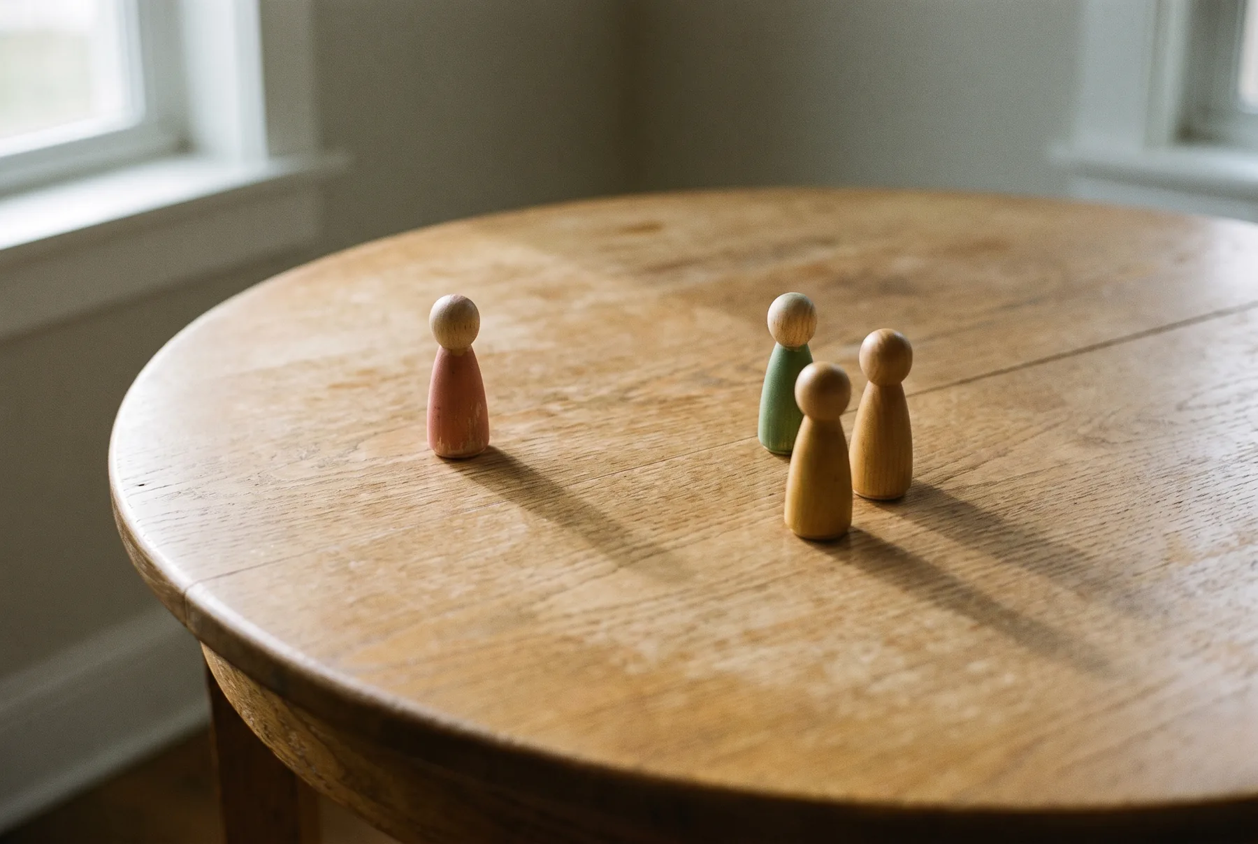 Vier houten poppetjes staan op ongelijke afstand van elkaar op een ronde eiken tafel, een ervan duidelijk apart van de groep
