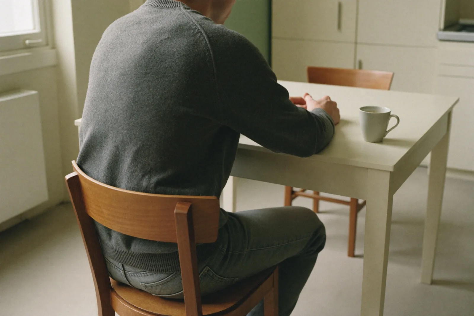 Een man aan de keukentafel van achteren gezien, koffie koud geworden