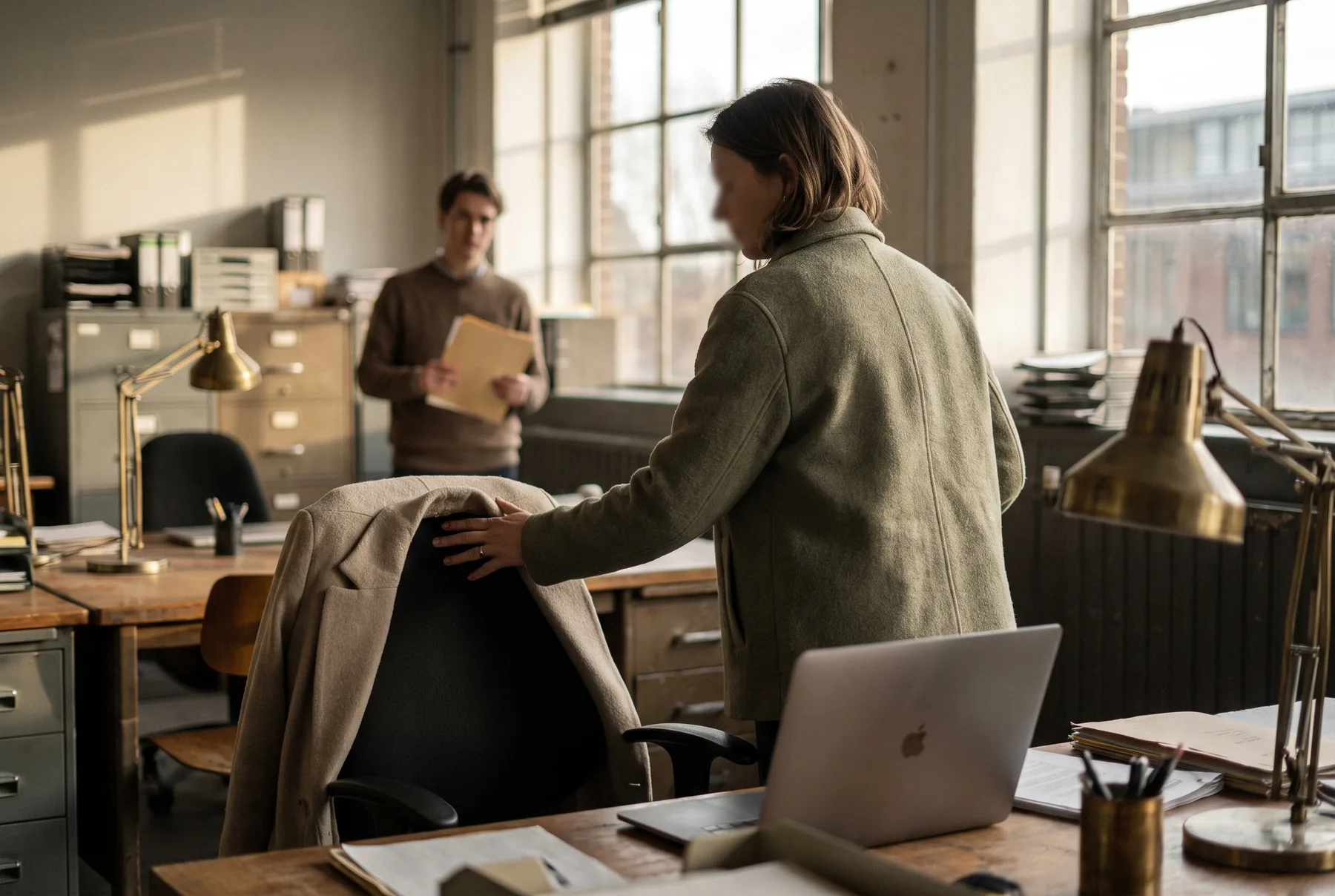 Een vrouw in haar jas staat bij haar bureau met een hand op de rugleuning van haar stoel en haar laptop half dicht, terwijl verderop een collega met mappen staat te wachten