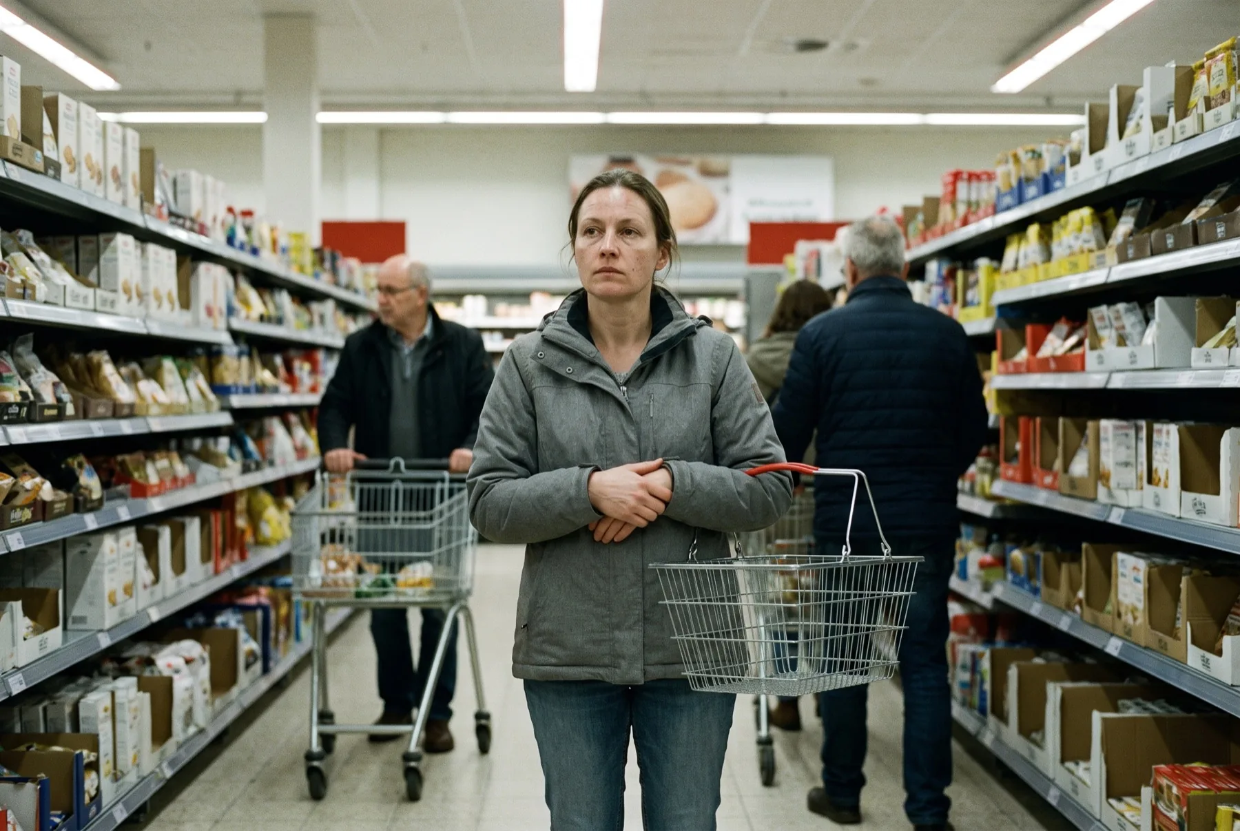 Een vrouw die stilstaat in een supermarktgangpad met een mandje in haar hand