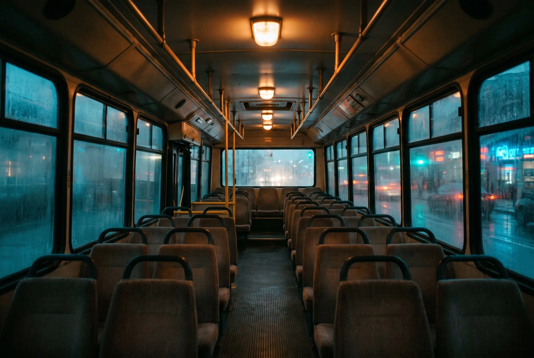 Een lege stadsbus van binnen, avondlicht door de ramen.