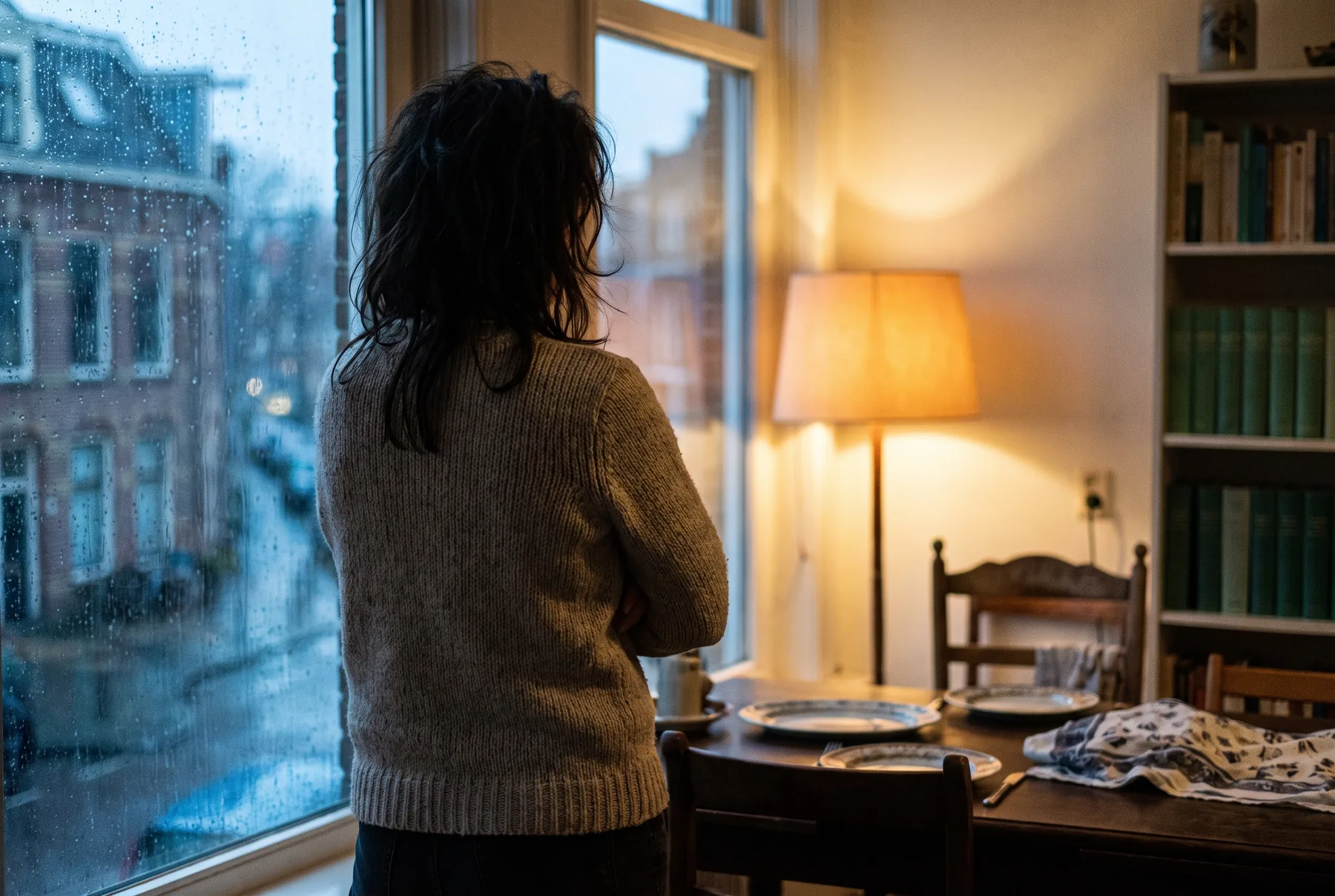 Een vrouw staat in de schemering met haar rug naar de kamer voor een raam met regenstrepen, armen over elkaar