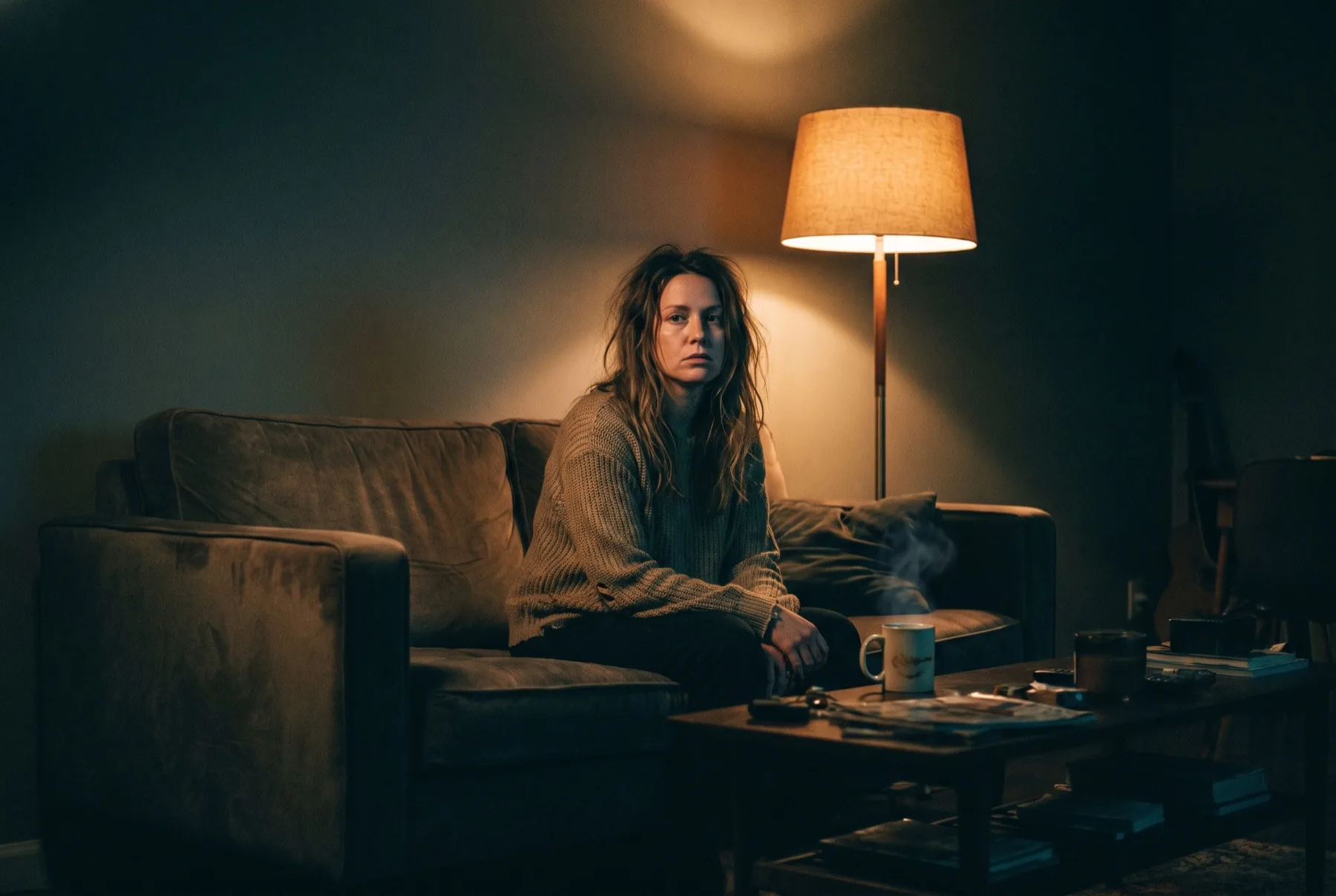 Een vrouw alleen op de bank laat op de avond, een lamp aan, thee koud geworden