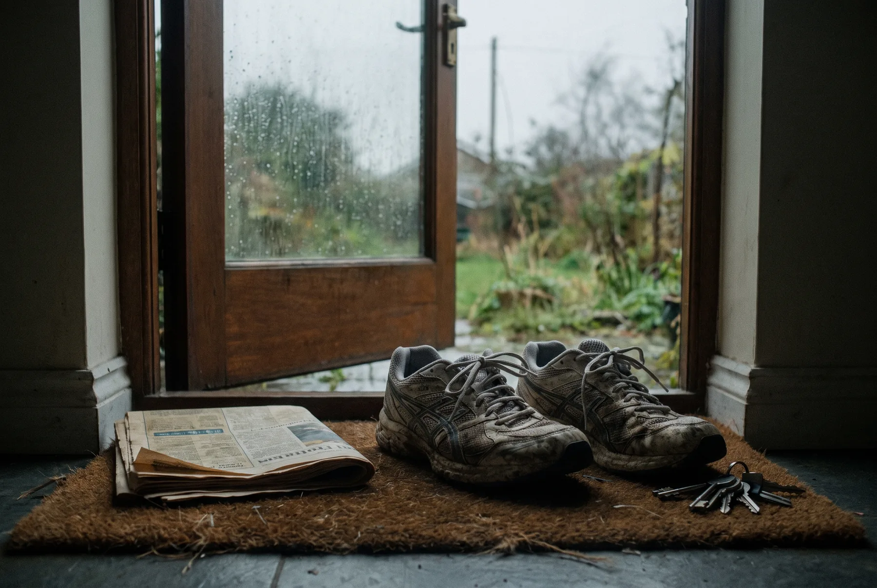 Een paar versleten hardloopschoenen bij de achterdeur op de mat, de veters nog gestrikt, met een laagje stof erop
