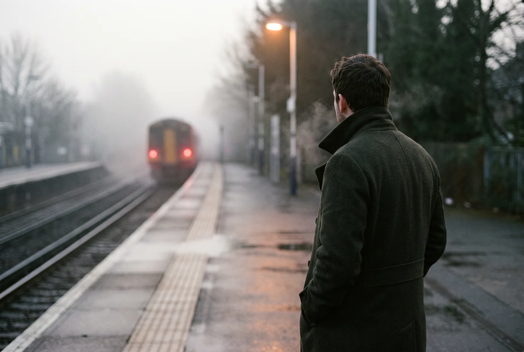 Een man in een donkere jas op een leeg, nat perron in de mist, kijkend naar een wegrijdende trein terwijl de lantaarn nog brandt