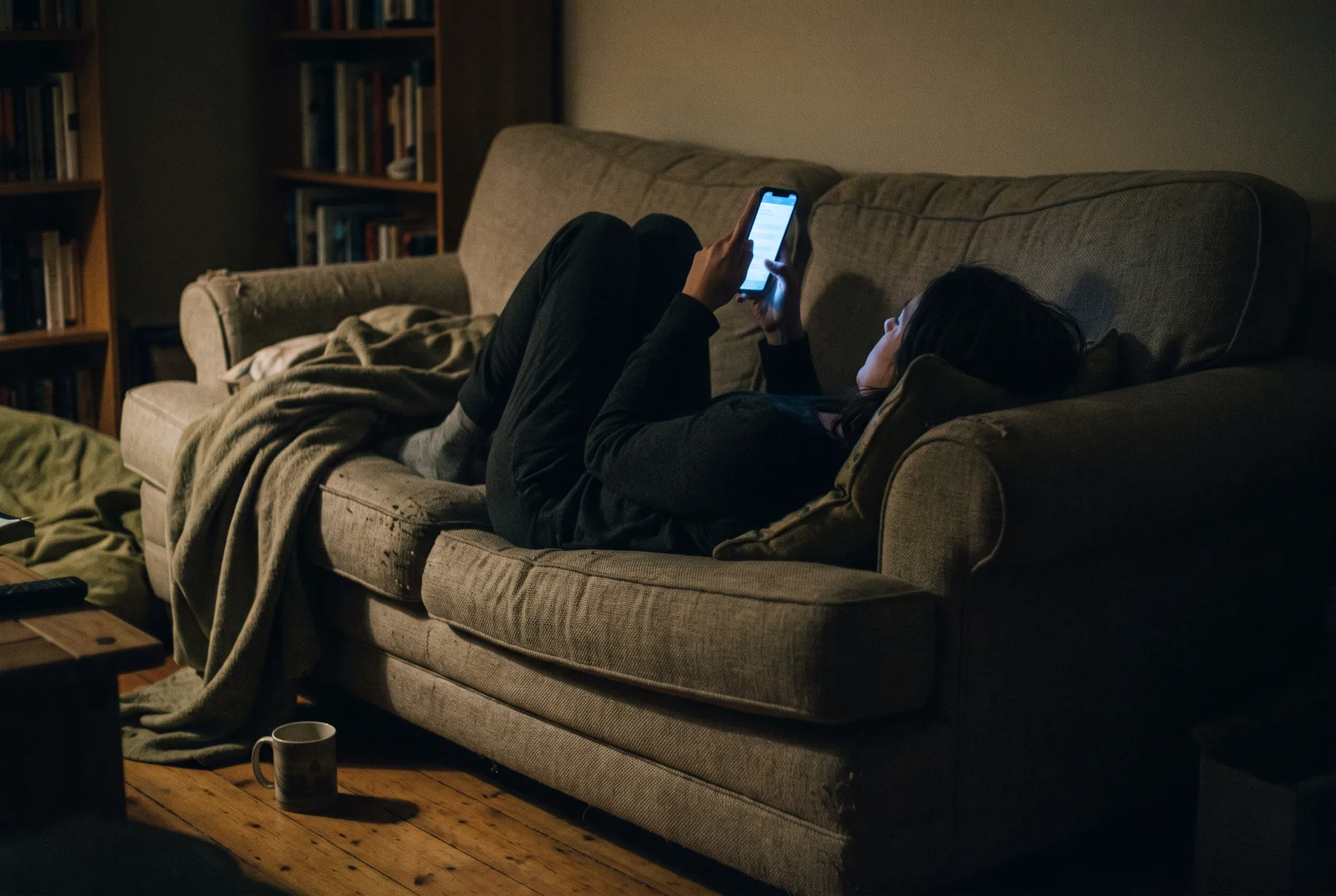 Een vrouw ligt 's avonds op de bank in het donker, alleen verlicht door het scherm van de telefoon die ze omhoog houdt