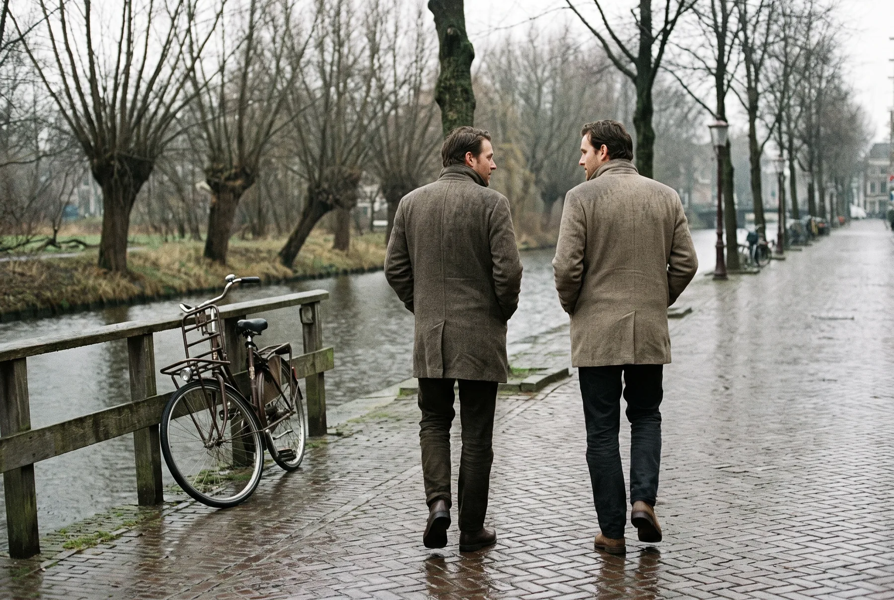Twee mannen lopen naast elkaar over een nat pad langs een gracht in de herfst, handen in de zakken, midden in een gesprek