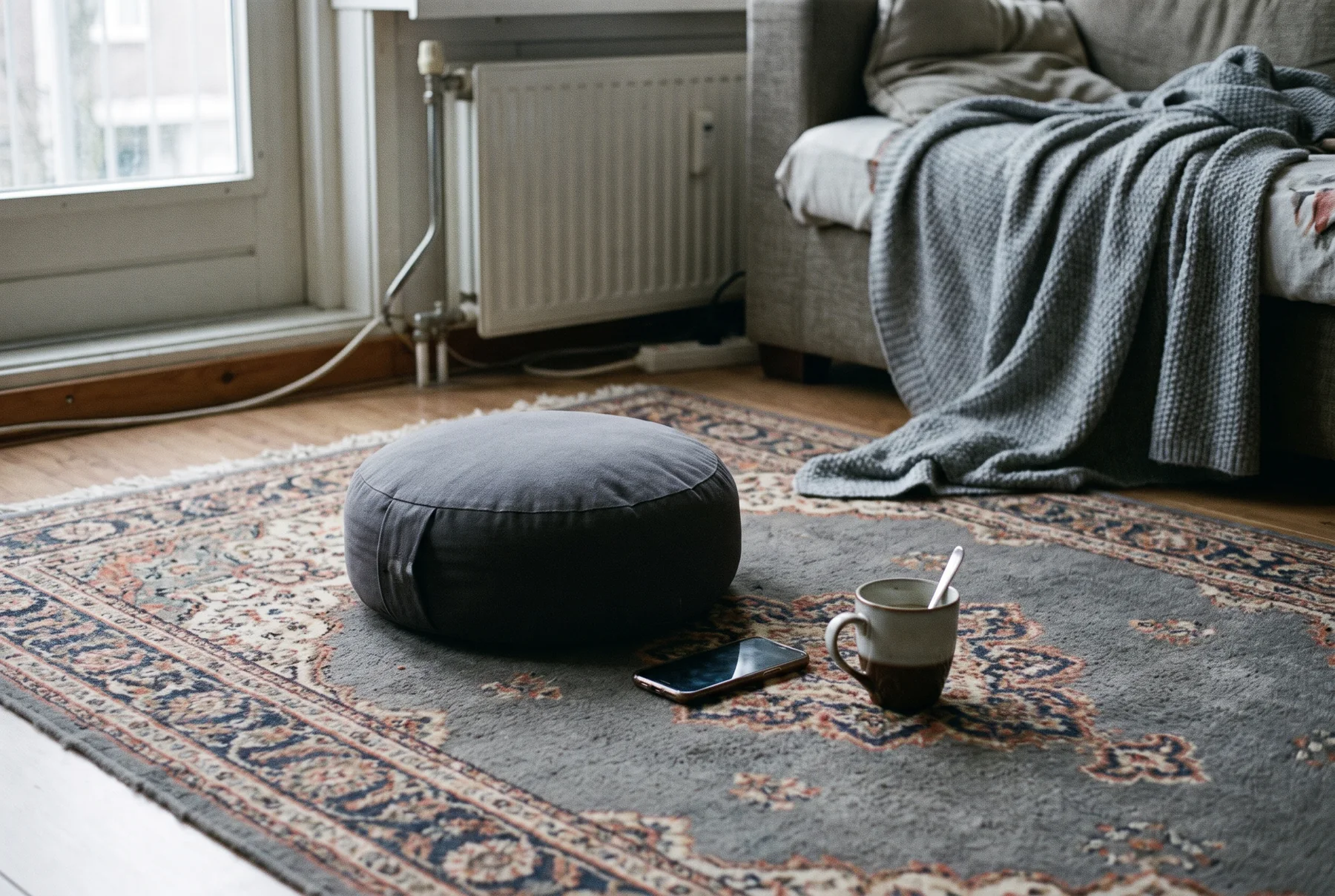 Een meditatiekussen scheef op het vloerkleed in een gewone huiskamer, met een telefoon ernaast met het scherm omlaag