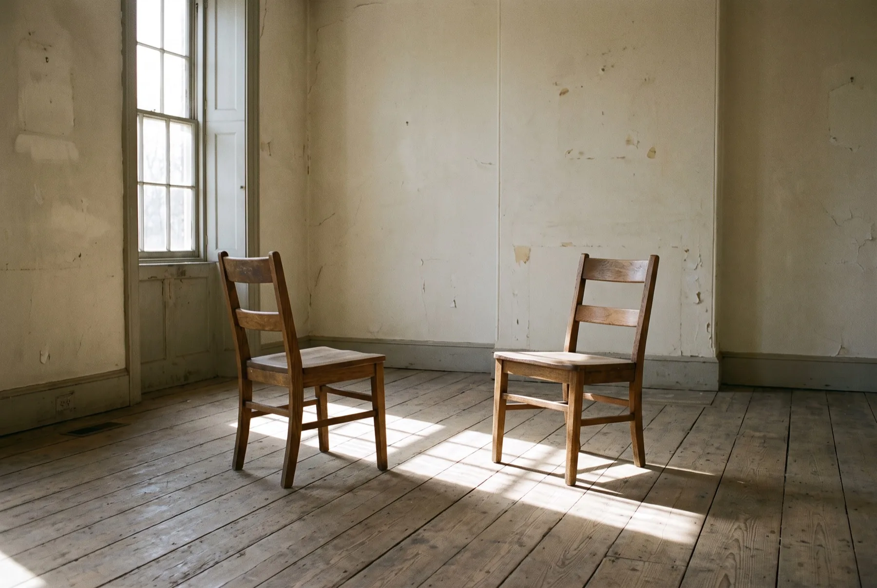 Twee eenvoudige houten stoelen tegenover elkaar in een lege kamer