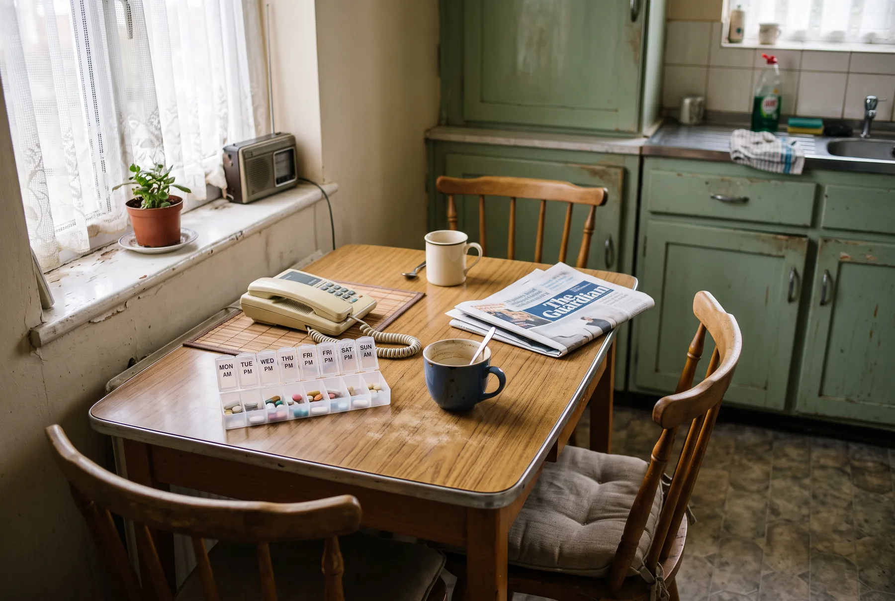 De keukentafel van een oudere met een weekdoos voor medicijnen, een vaste telefoon en twee koppen, waarvan een gebruikt